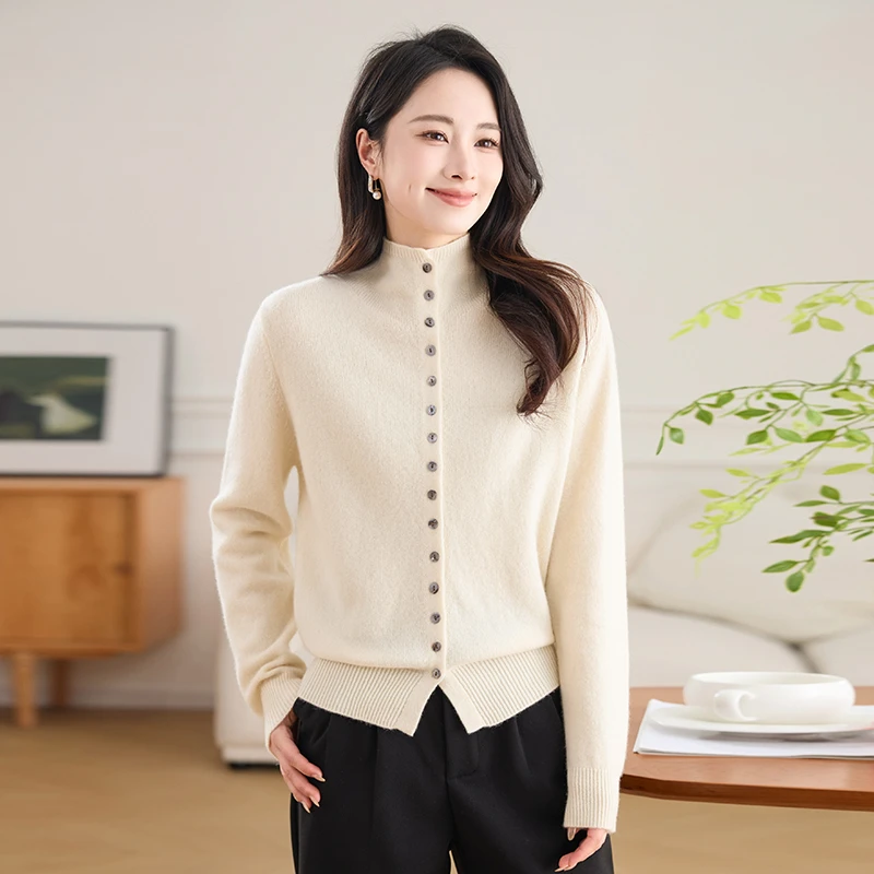 哥弟阿玛施正品25冬季新款加厚半高领纯色轻奢单排扣纯羊毛开衫女