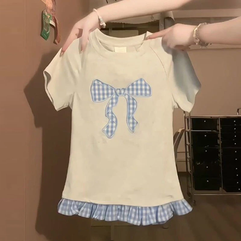 潮牌美式vintage蝴蝶结刺绣正肩短袖T恤女夏季修身显瘦假两件上衣