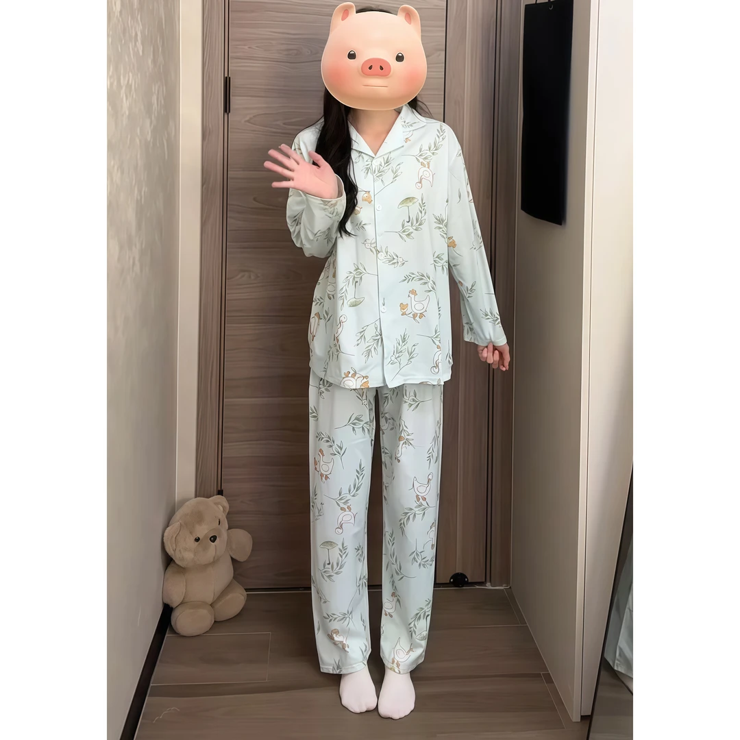 新款春秋季可爱大白鹅长袖宽松大码女士家居服可外穿睡衣长裤套装