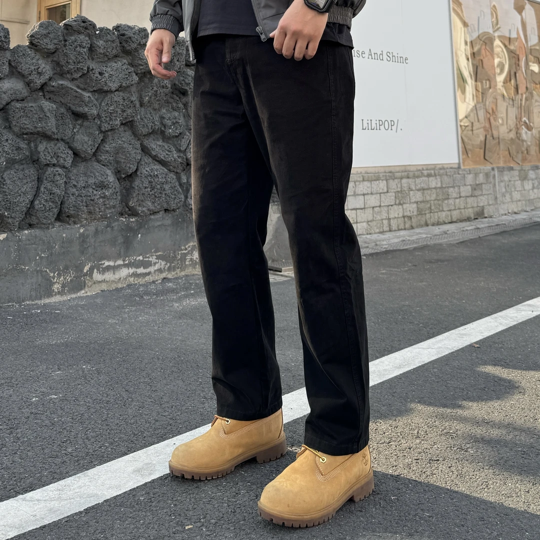 KUZ 重磅高密斜纹棉工装裤男士纯色基础款加绒直筒宽松百搭休闲裤