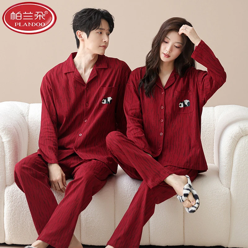 帕兰朵情侣睡衣新婚结婚长袖2025春秋季100%纯棉男女大红色本命年