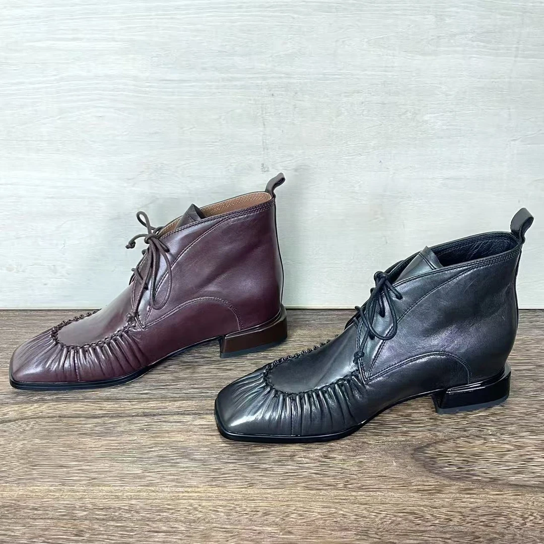 1603【傲霜】洋气复古方头气质版羊皮真皮2025时尚短靴A【5CM】范戈希