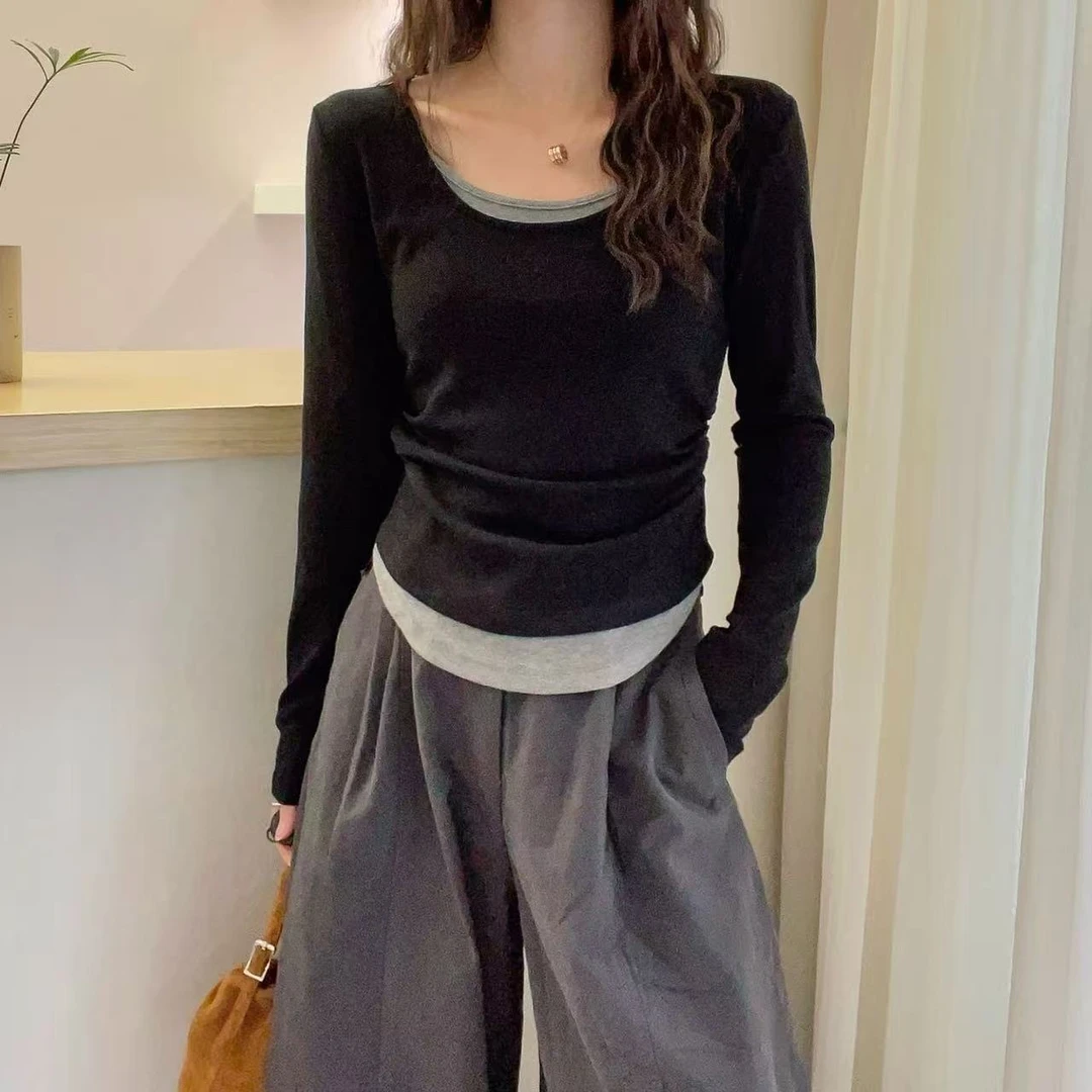 美美服装店6172E念加秋季新款U领假两件撞色长袖不规则打底衫