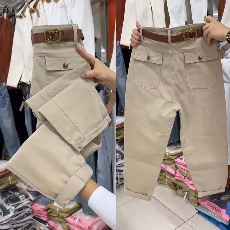 2025纯色早春新款弹力休闲裤宽松高腰工装裤显瘦九分哈伦老爹