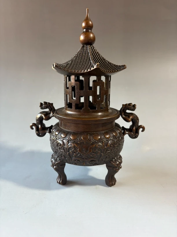铜制兽耳亭炉独特家居摆件