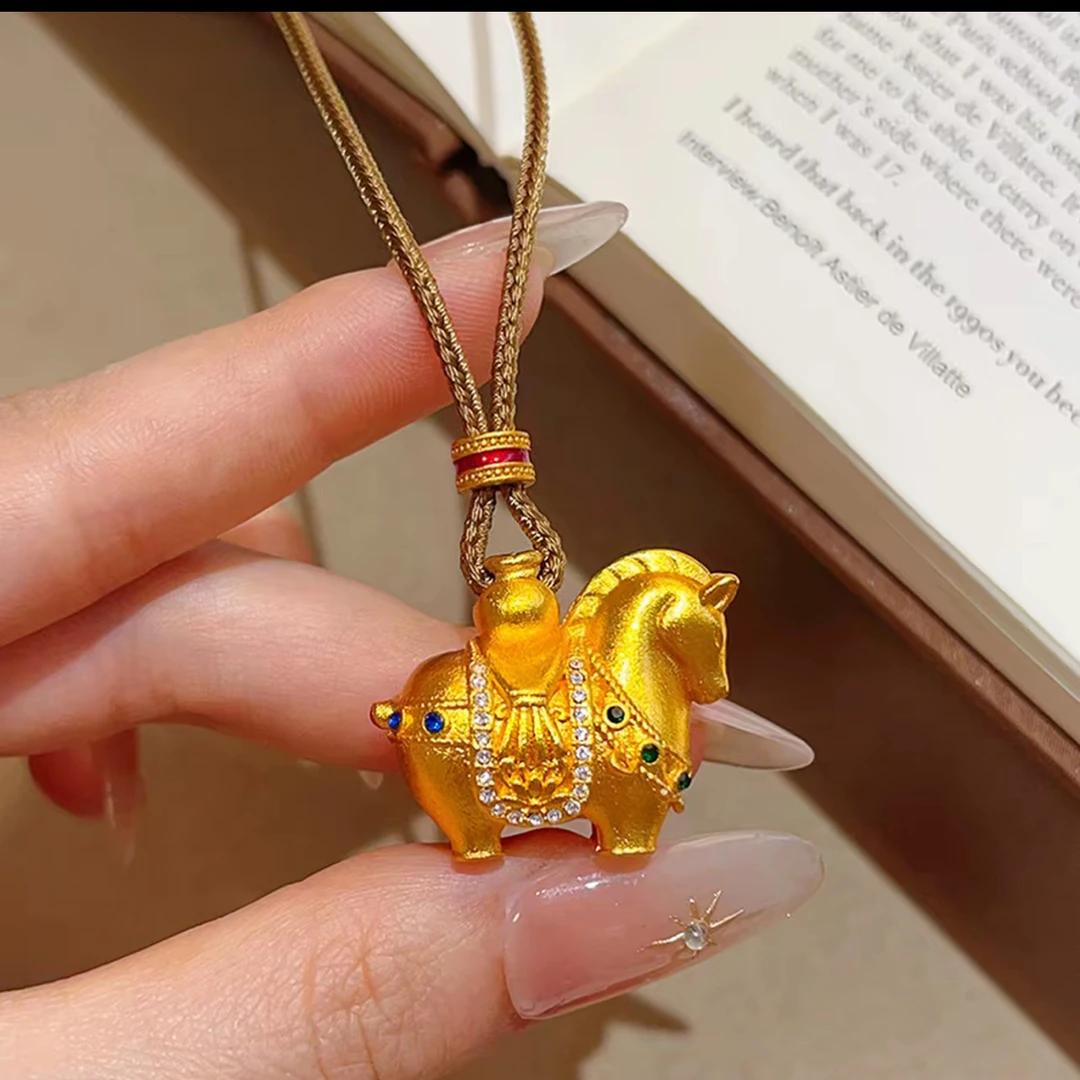 非金属棉绳项链 同款蓝绿钻马上有钱生肖马吊坠项链金色小马国风