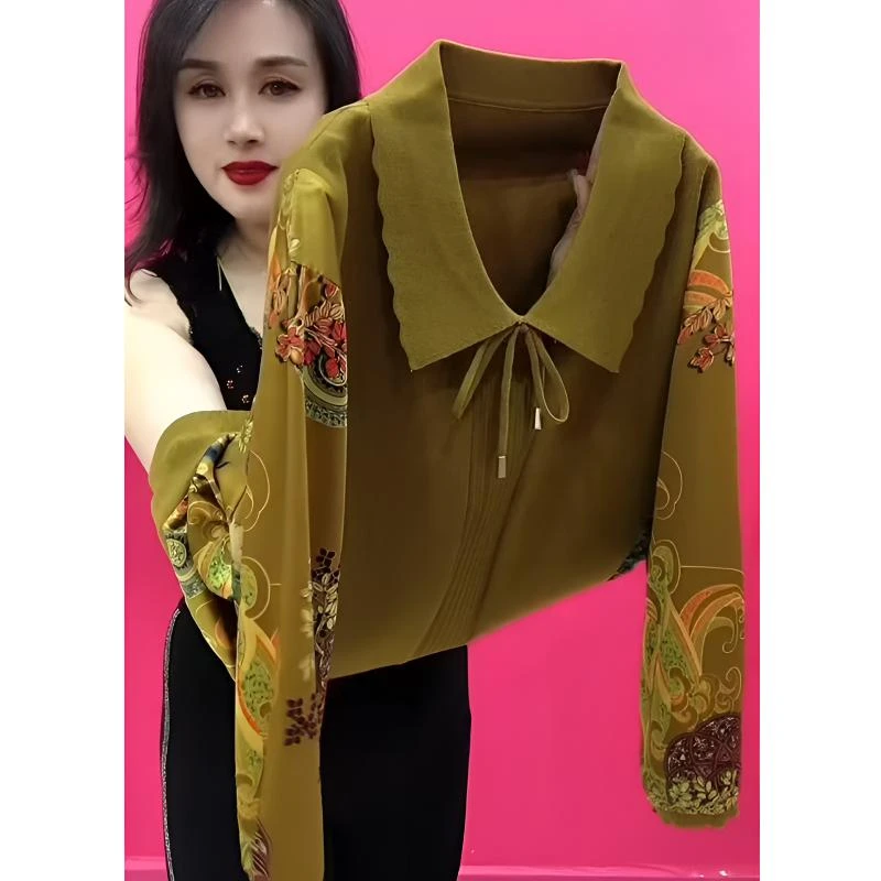 妈妈春夏新款翻领拼接焦麻针织衫上衣减龄百搭女士遮肉七分袖小衫