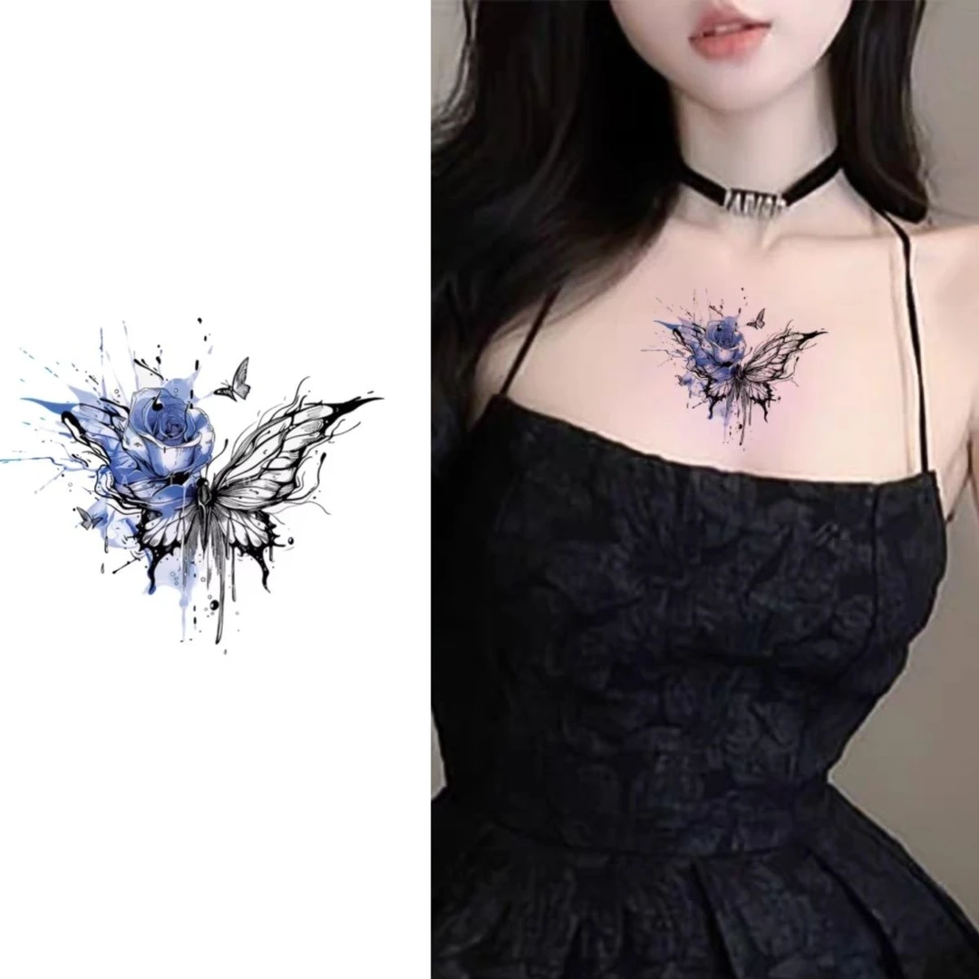 蓝色玫瑰蝴蝶纹身贴防水女持久锁骨手臂腿部高颜值纯欲风遮疤贴纸
