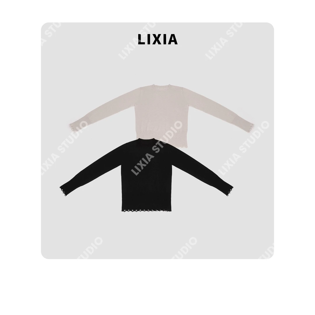 LIXIA【灵犀】ins风休闲流苏边设计款48支14针羊毛针织衫-D10378