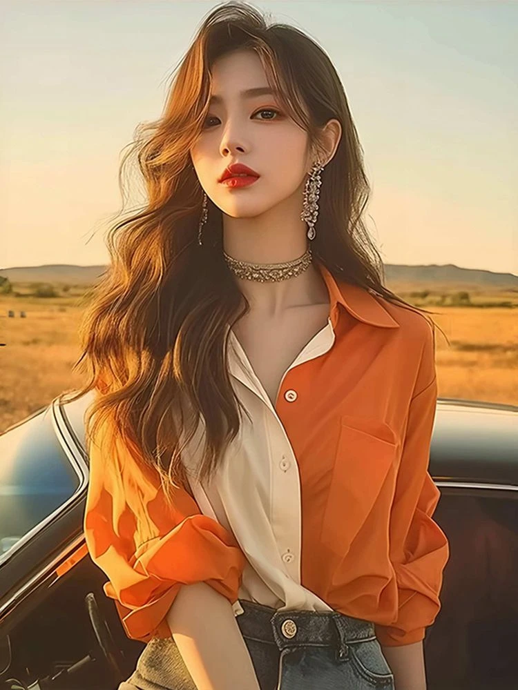 多巴胺拼色长袖衬衫衬衣女2025新款轻奢高级感春季氛围感穿搭上衣