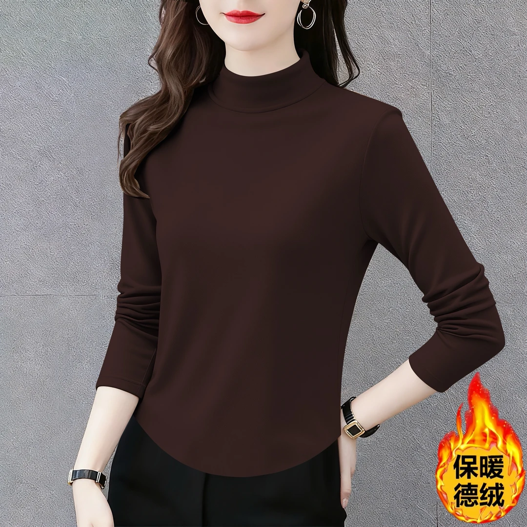 加厚双面德绒半高领打底衫女秋冬季新款百搭修身遮肚长袖保暖上衣