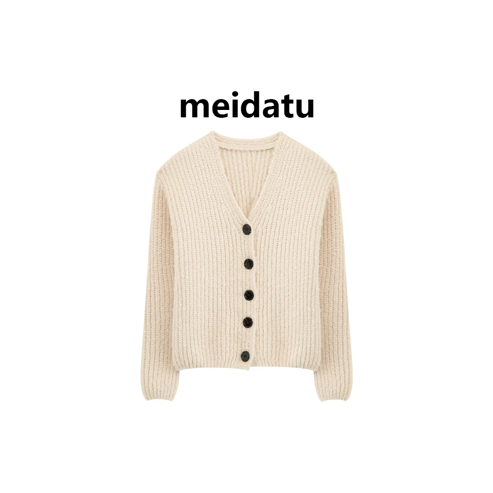 美哒兔（燕麦奶昔）冬季慵懒感粗针v领毛织宽松开衫（CM28）