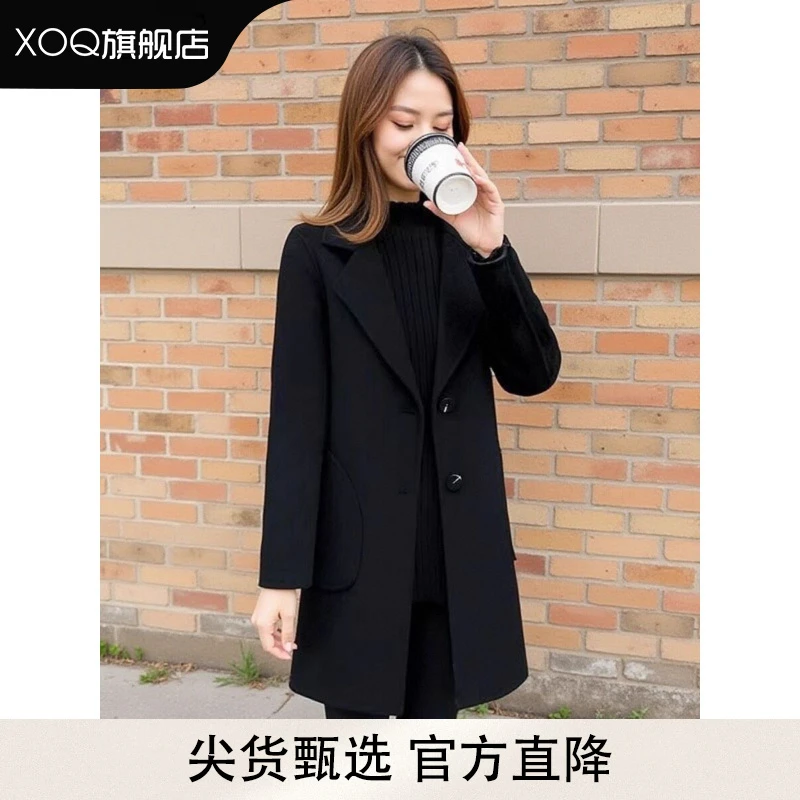 XOQ官方黑色毛呢外套小个子女秋冬韩版时尚工作服西装领呢子大衣