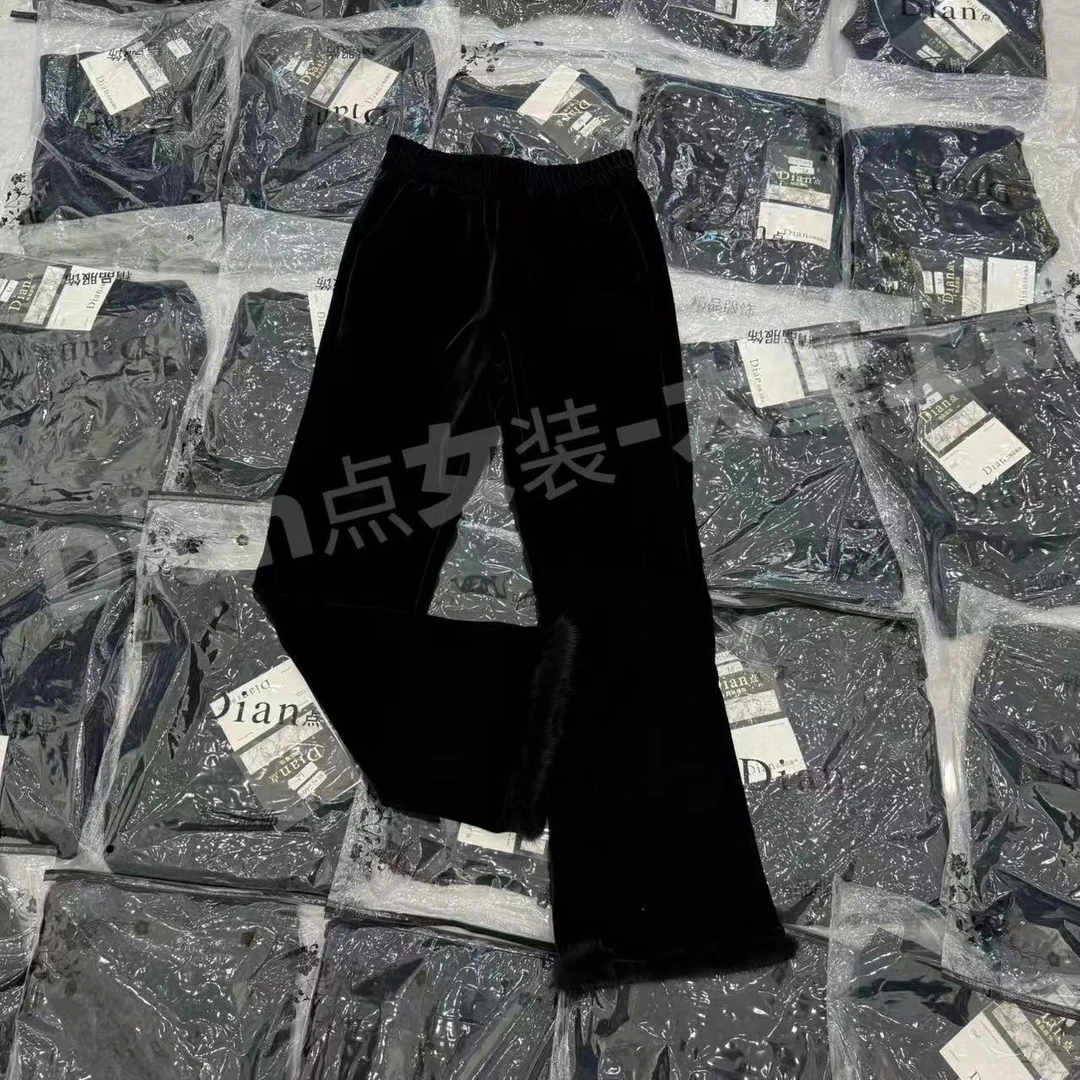 DD25秋冬季新款气质显瘦丝绒拼貂毛高腰加绒微喇裤5576