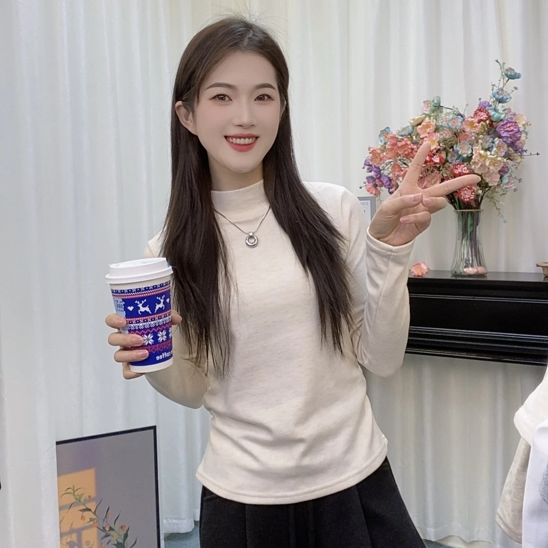 【现货+运费险】收腰版半高领加绒加厚螺纹打底衣百搭纯色长袖修身