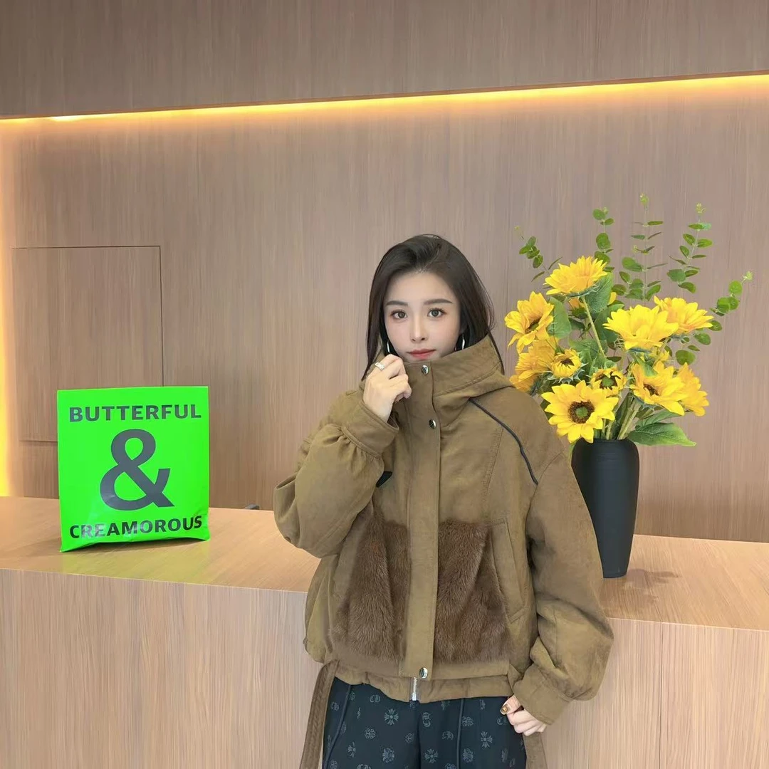 0380FurShop推荐--【奥法庄园】时尚水貂拼接皮草帽版皮衣外套女