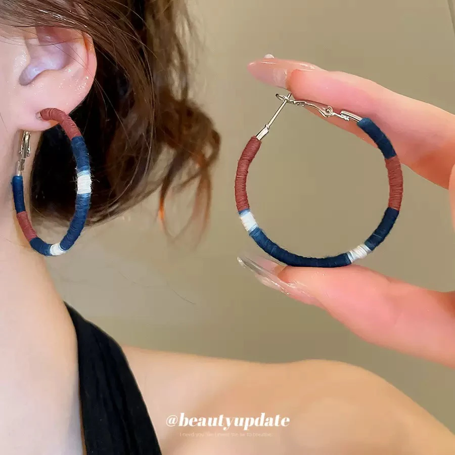 非金属布艺耳饰 银针复古彩绳编织4.5㎝耳圈