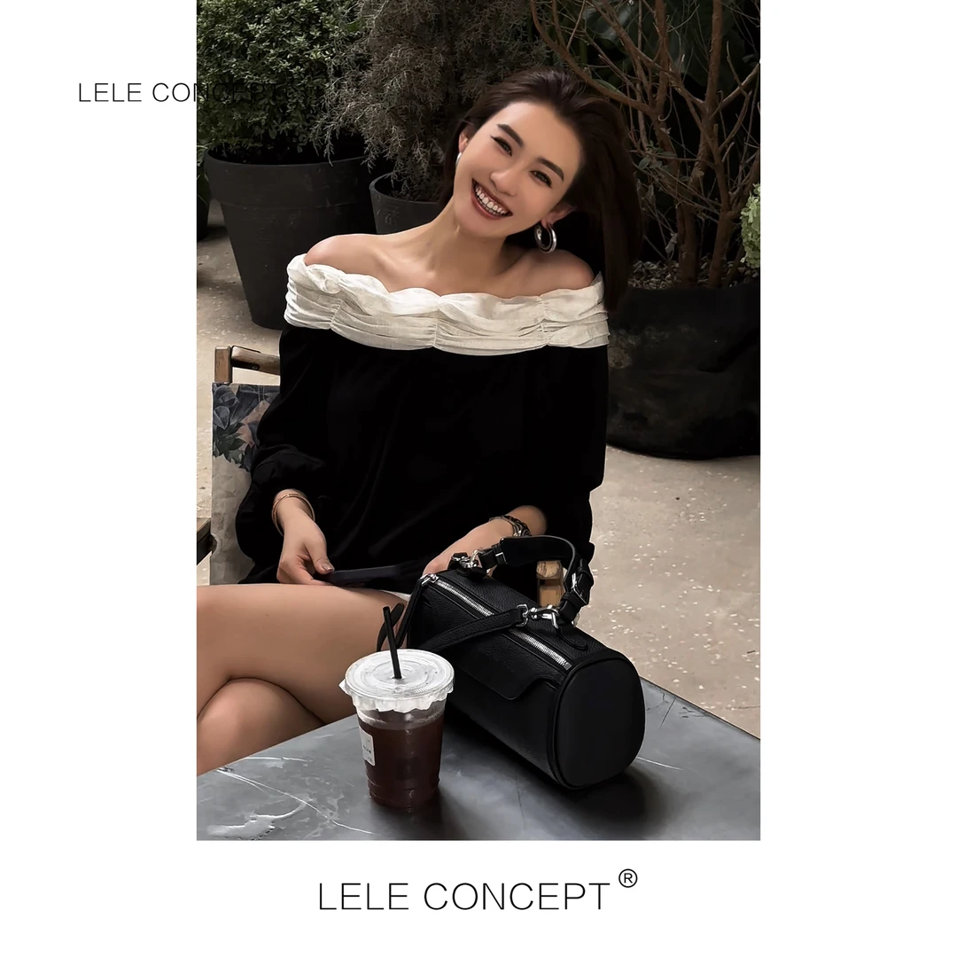 LELE CONCEPT丨「丽」时尚减龄设计师款拼色一字肩上衣S1141