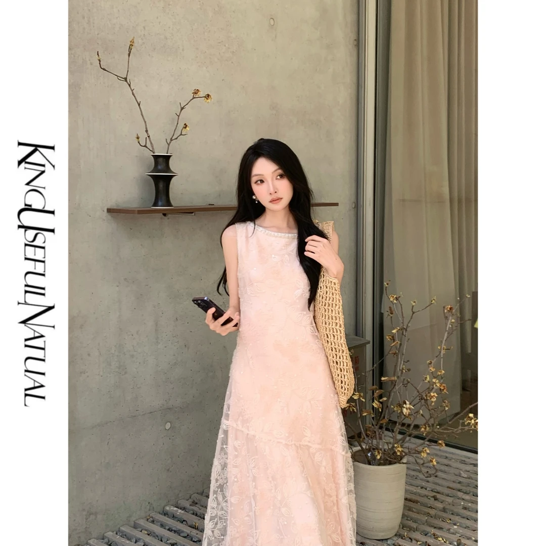 KUN【夏娃】优雅具象化 重工亮片刺绣粉色连衣裙女气质针织无袖裙子