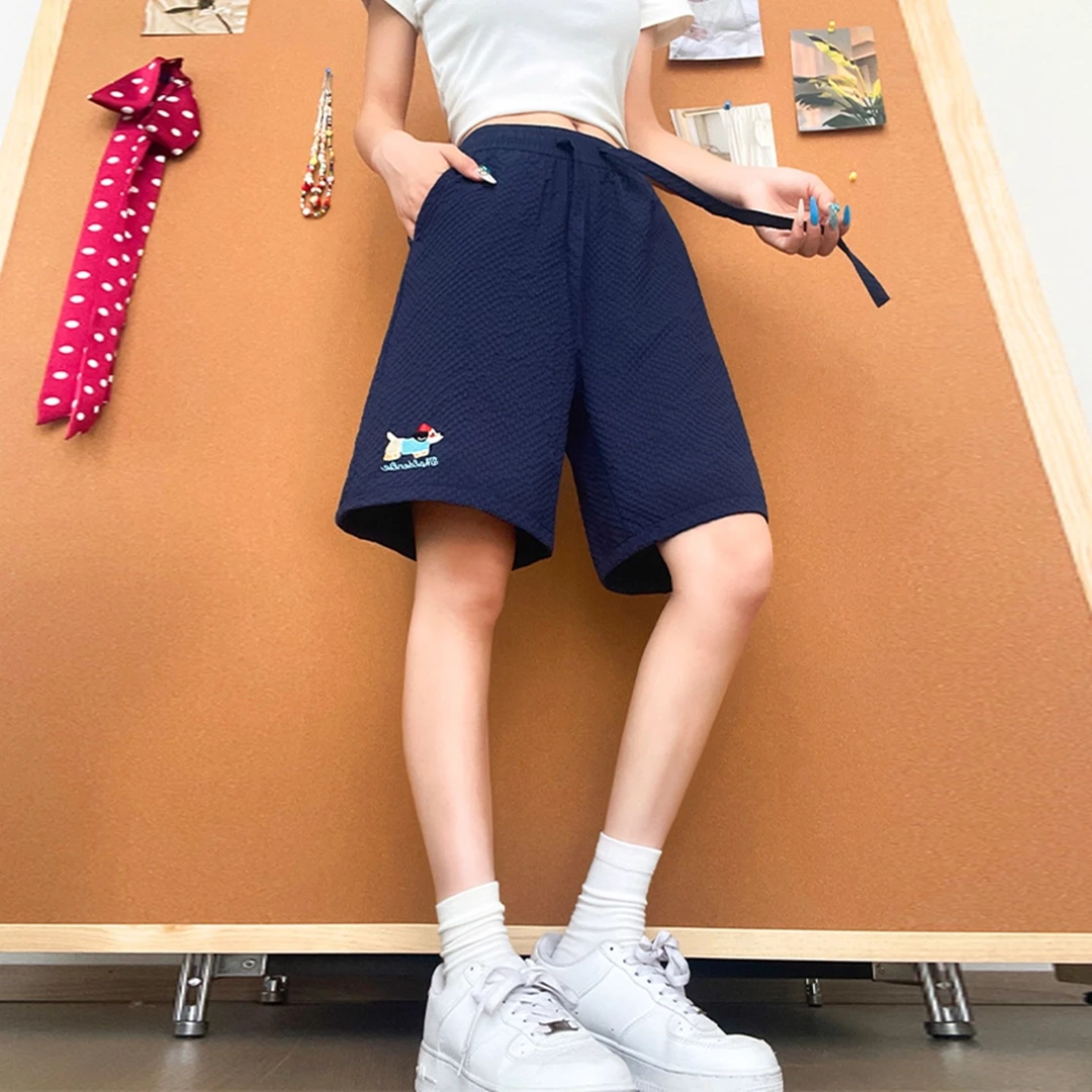 藏青色刺绣小狗短裤女夏季薄新款高腰宽松显瘦休闲沙滩运动五分裤