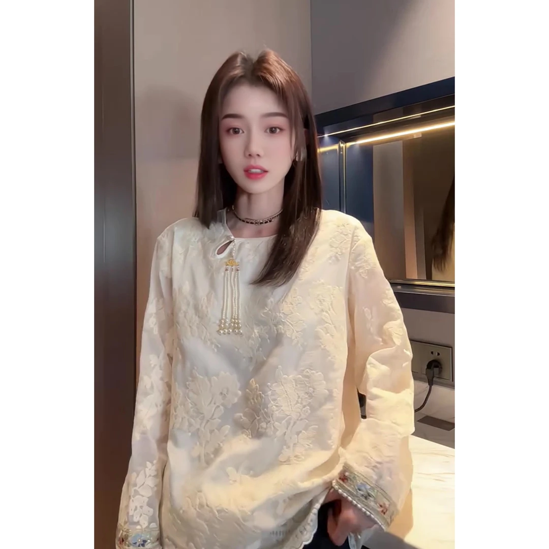 新中式重工亮片钉珠蕾丝衫如意挂坠刺绣蕾丝气质百搭长袖衬衣