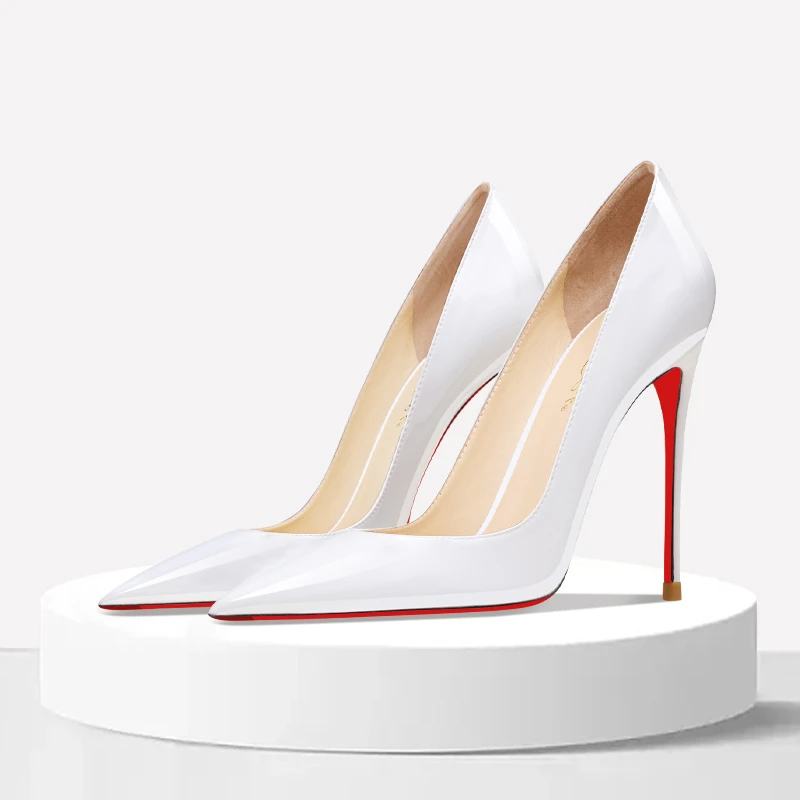 白色漆皮红底高跟鞋2025春季新款细跟尖头浅口性感职业通勤OL单鞋