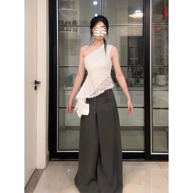 2025夏季新款韩系穿搭修身花边露肩无袖上衣气质高腰显瘦阔腿长裤