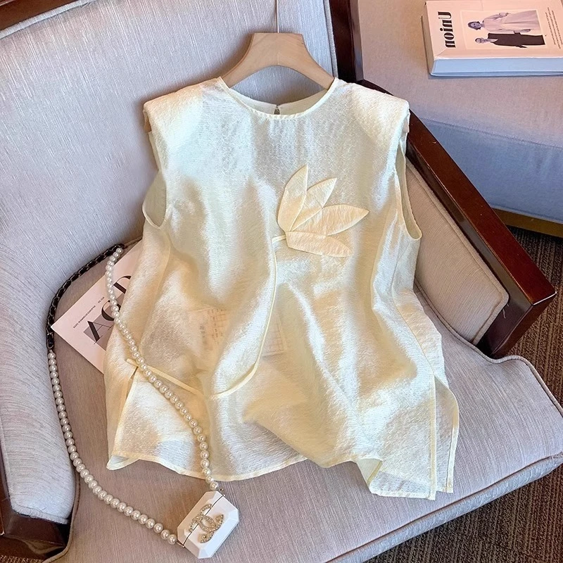 设计感花朵无袖衬衫男女2025夏季新中式娃娃衫百搭显瘦上衣潮T恤