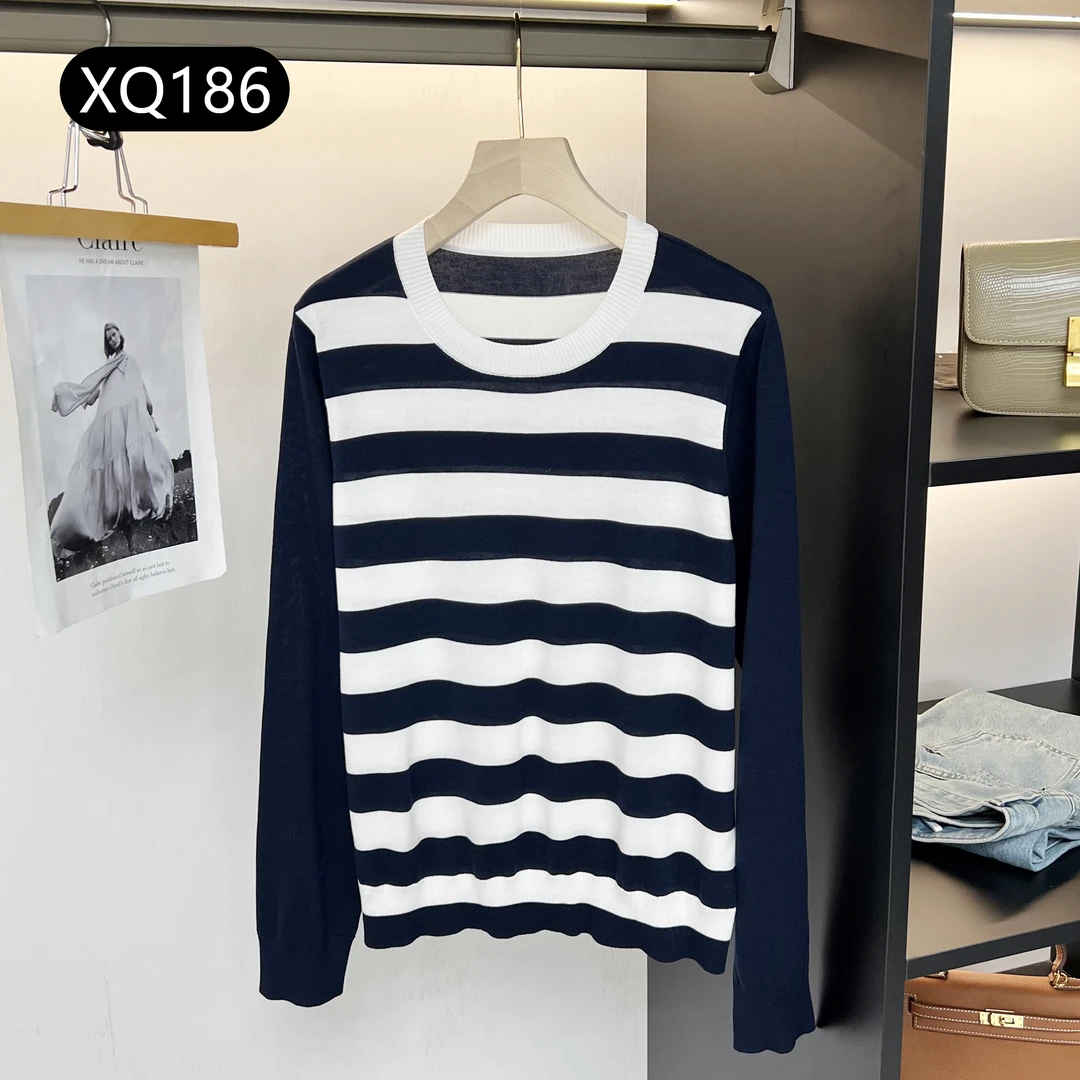 北方鹿 法式经典条纹！莱赛尔棉桑蚕丝春夏圆领长袖薄针织衫XQ186
