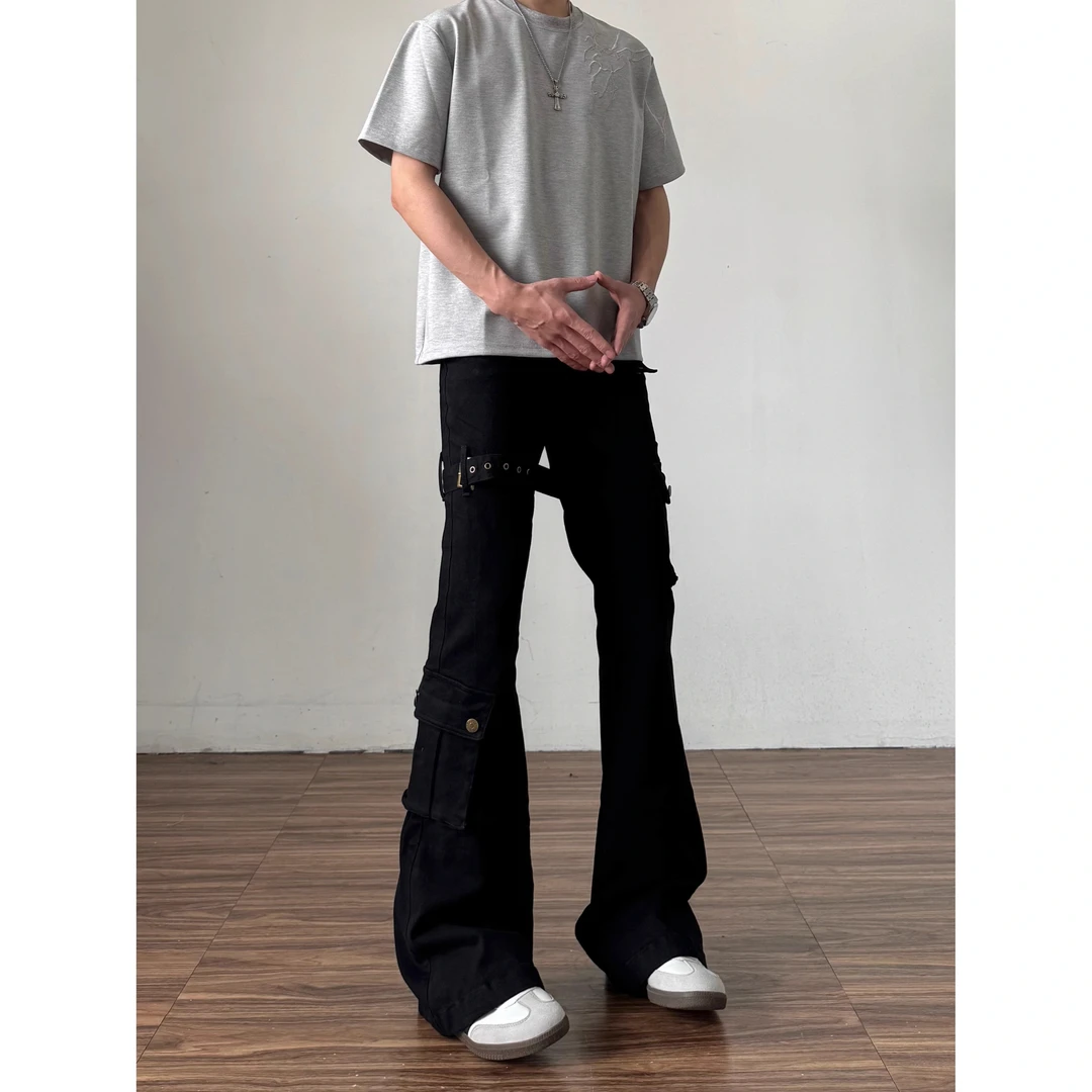 夏季黑色vibe绑带微喇工装牛仔裤男cleanfit美式高街修身喇叭裤子