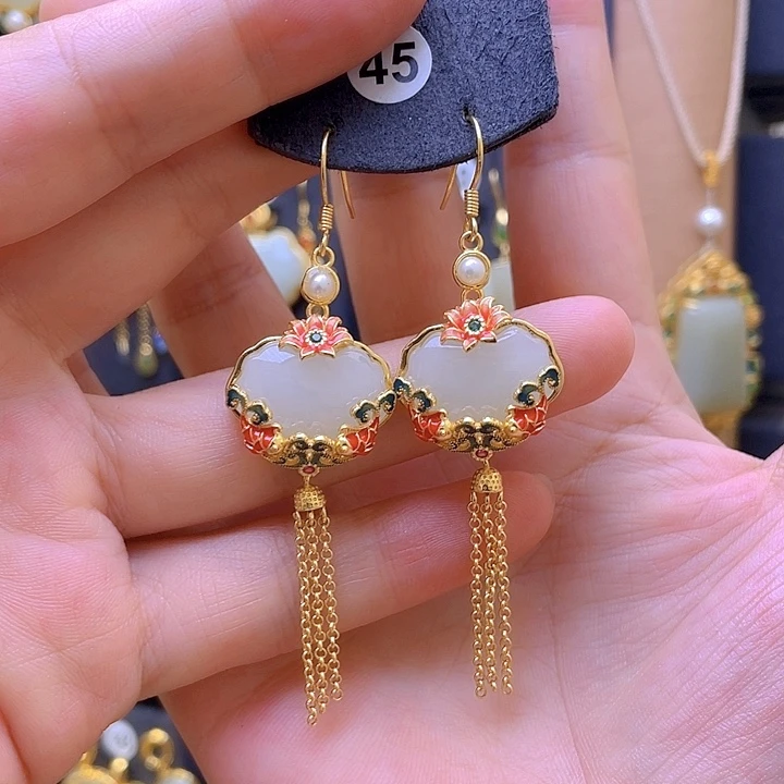 和田玉银S925镀金镶嵌耳饰