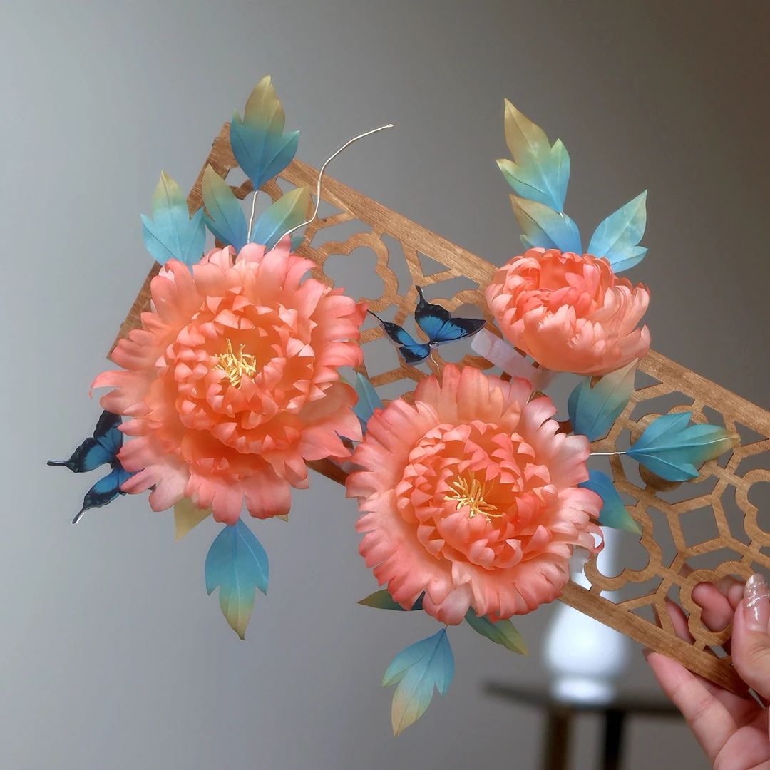 原创（浮香引）水墨风真丝牡丹烫花汉服配饰古风发饰