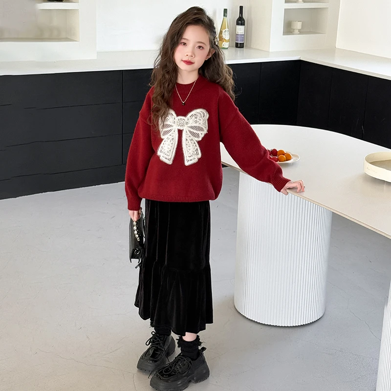 女童秋冬丝绒半身裙中长款洋气儿童裙子百搭中大童厚实A字裙长裙
