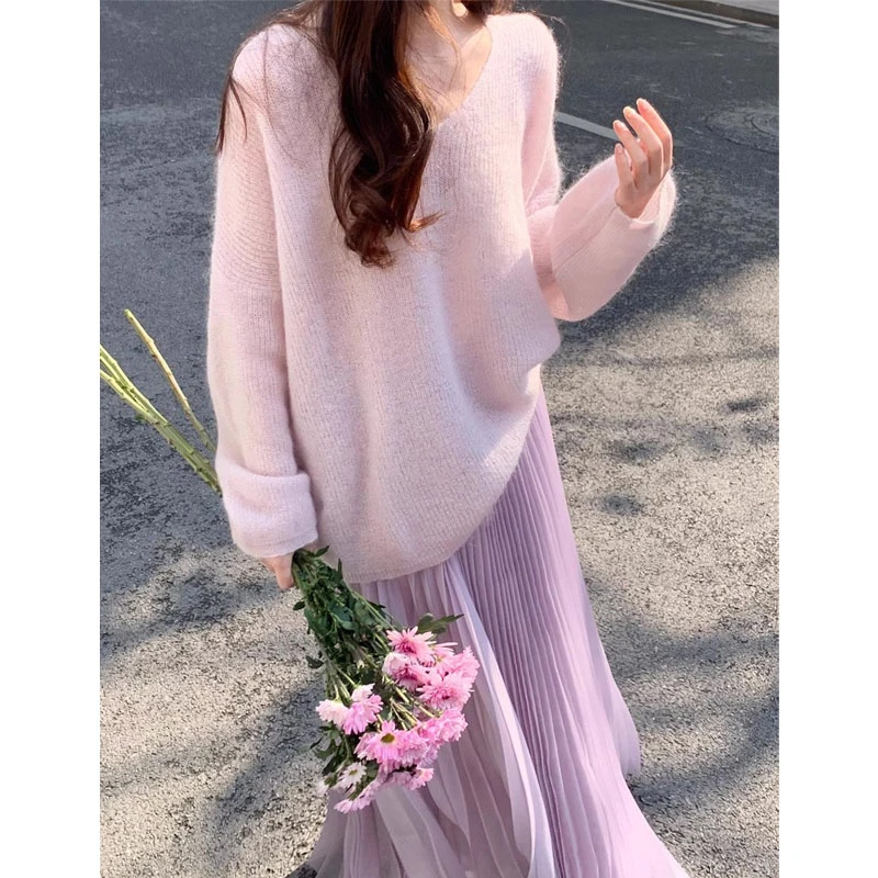 紫色马海毛春夏v领露锁骨针织衫罩衫超软糯绝美慵懒温柔宽松上衣