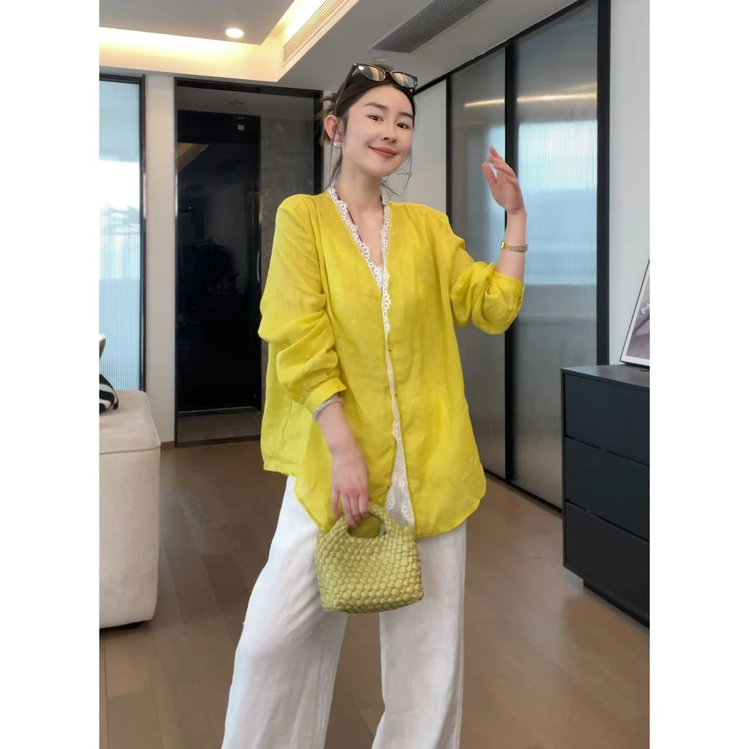 玖了个玖 2025夏款 极简百搭睫毛蕾丝拼接V领麻料衬衫 2504C2278