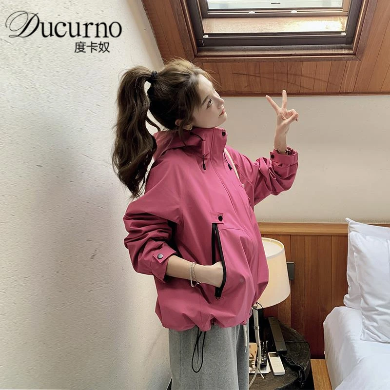 火龙果色工装冲锋衣外套女2025秋季新款流行风衣夹克流行洋气上衣