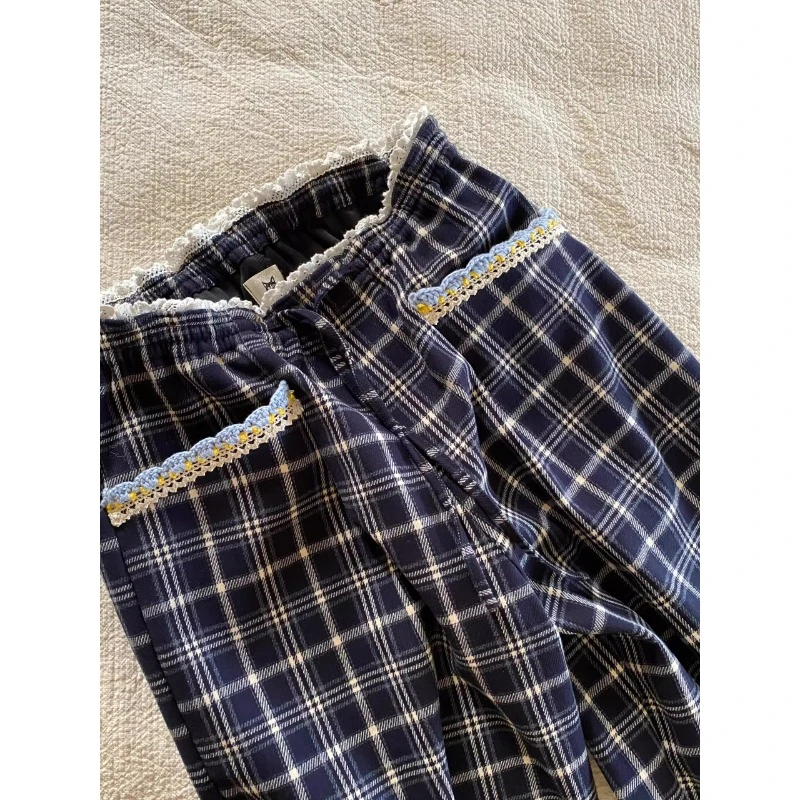 上身立马显腿直~深蓝格子花边设计休闲裤阔腿裤秋季宽松格纹长裤