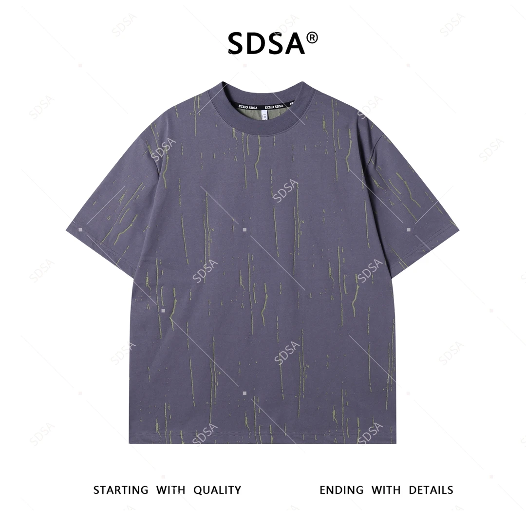 SDSA男士短袖t恤2025新款轻痞帅男装撞色割破设计圆领上衣复古