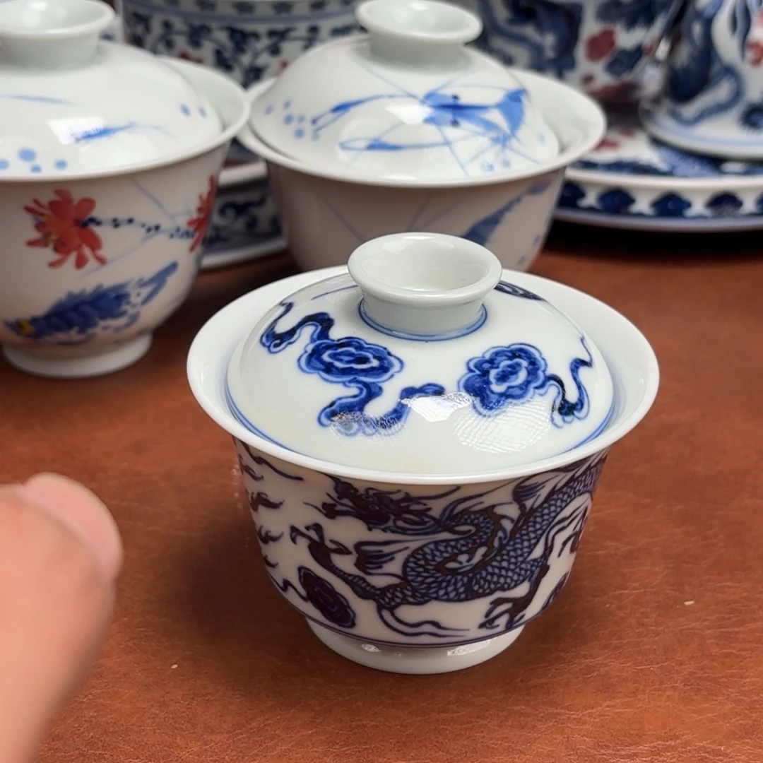 陶摆件龙凤手绘盖碗