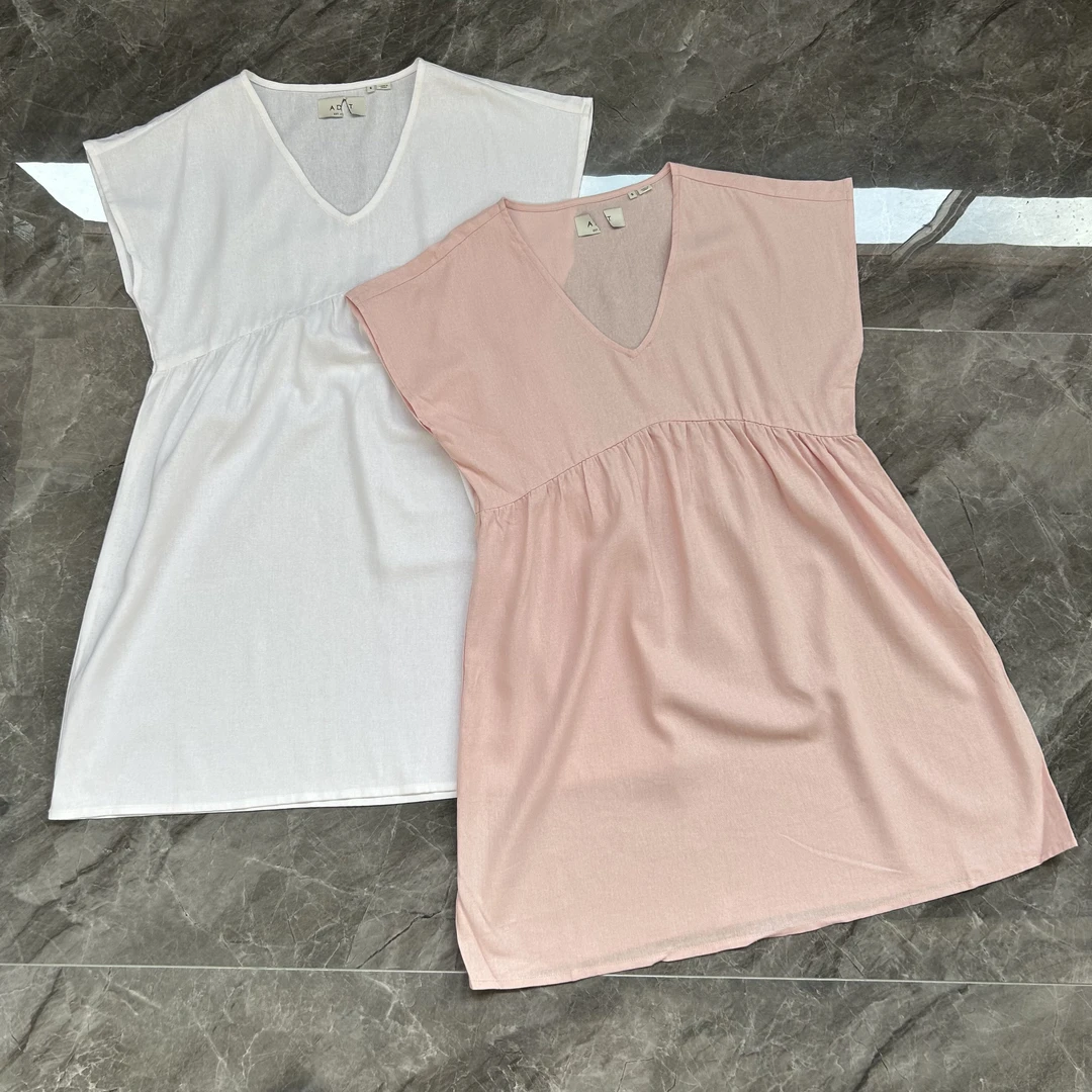 【出口韩单】亚麻高腰V领连衣裙纯色中长款飞飞袖极简风亚麻连衣裙