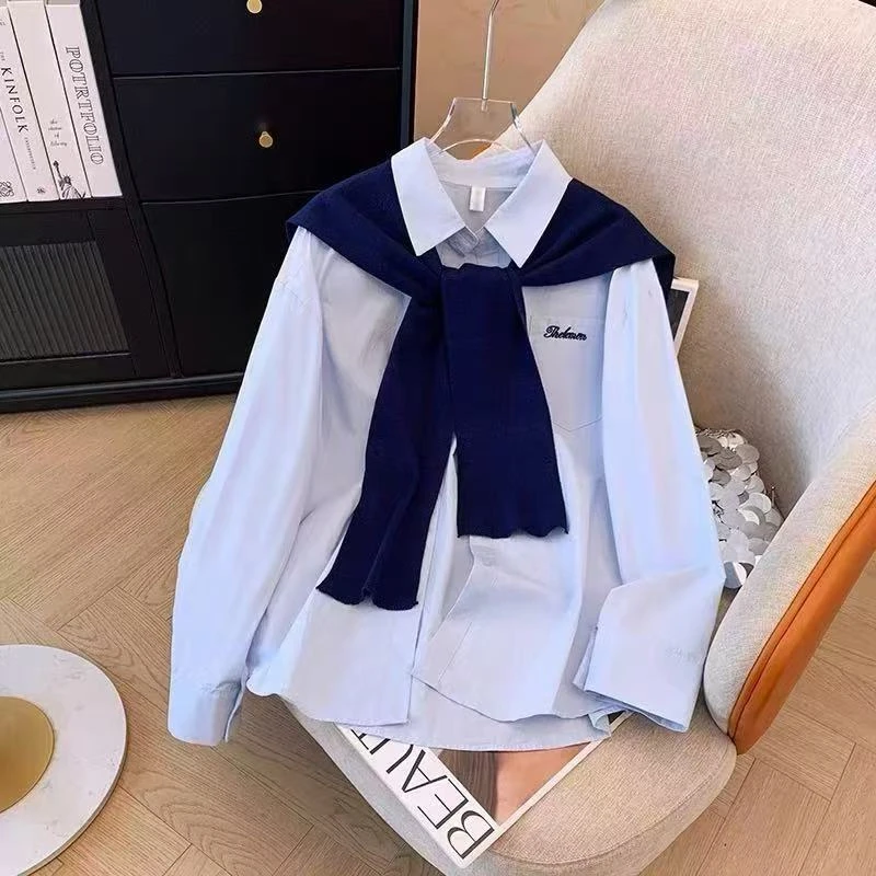春秋套装女学生韩版宽松学院风刺绣百搭长袖衬衫带针织披肩两件套