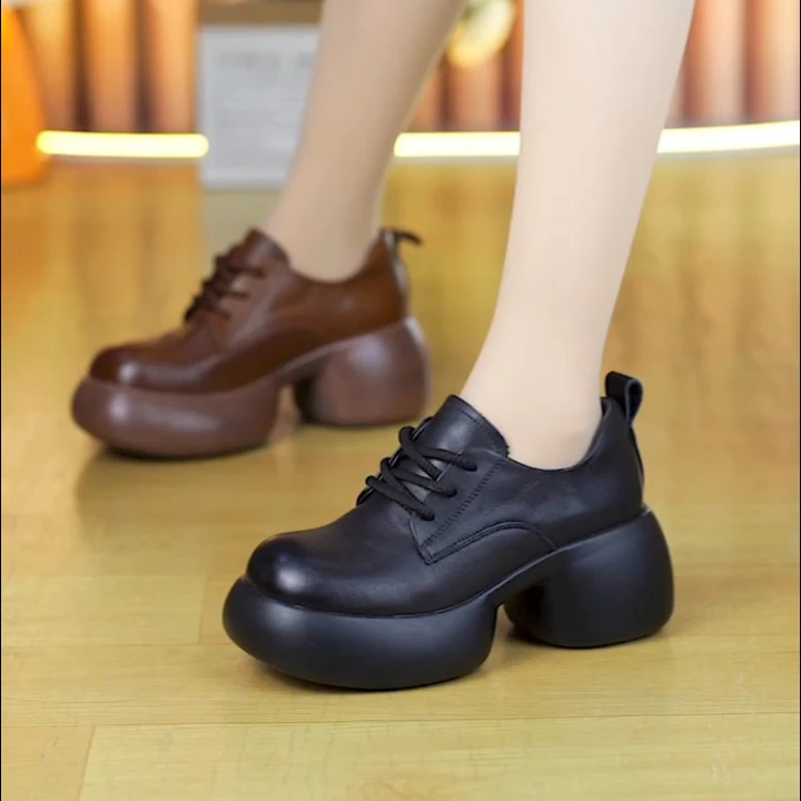 9898（低帮+高帮）真皮小皮鞋女2025年小个子厚底一脚蹬系带单鞋