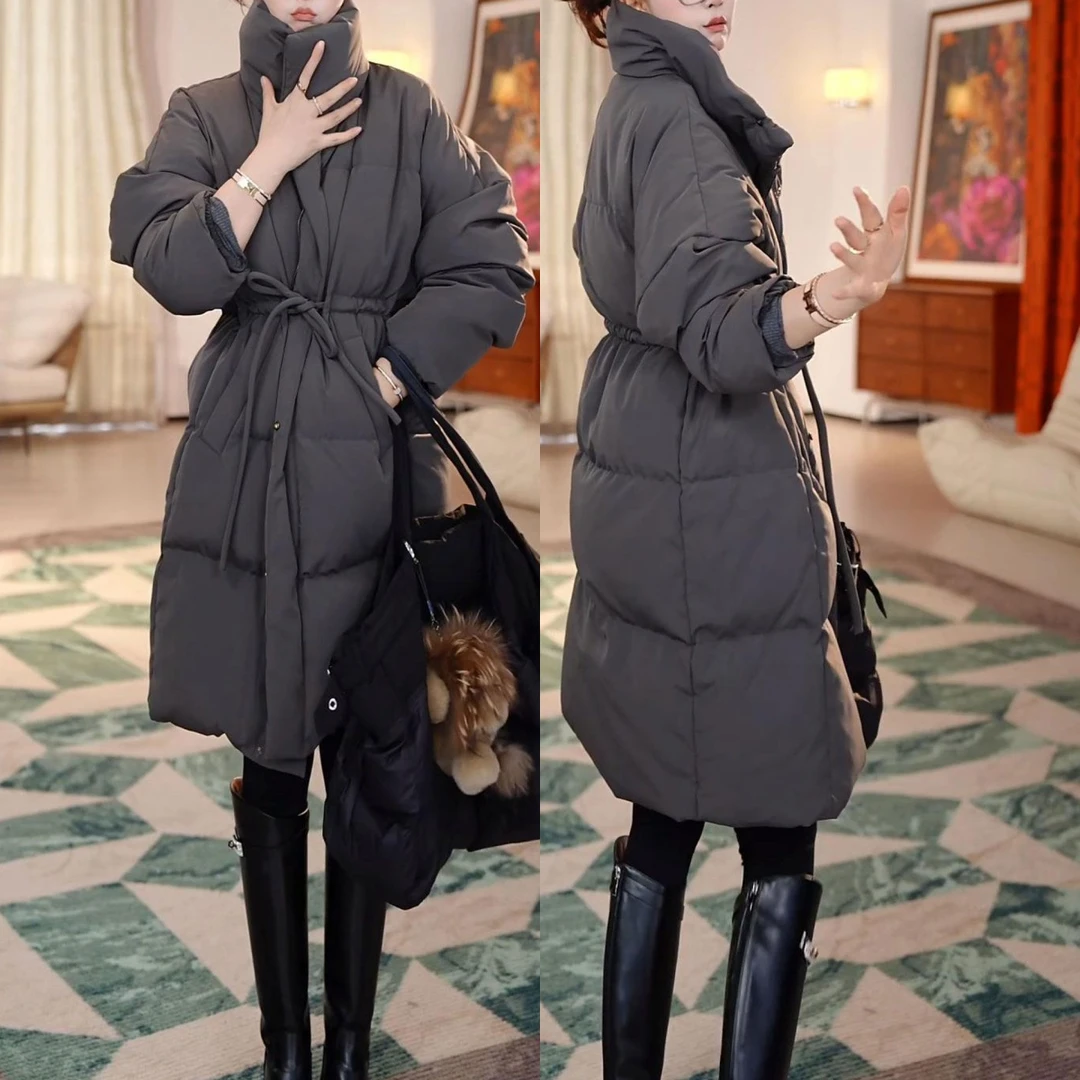 2025冬季新款时尚纯色棉袄外套简约洋气设计感绑带收腰显瘦棉服潮