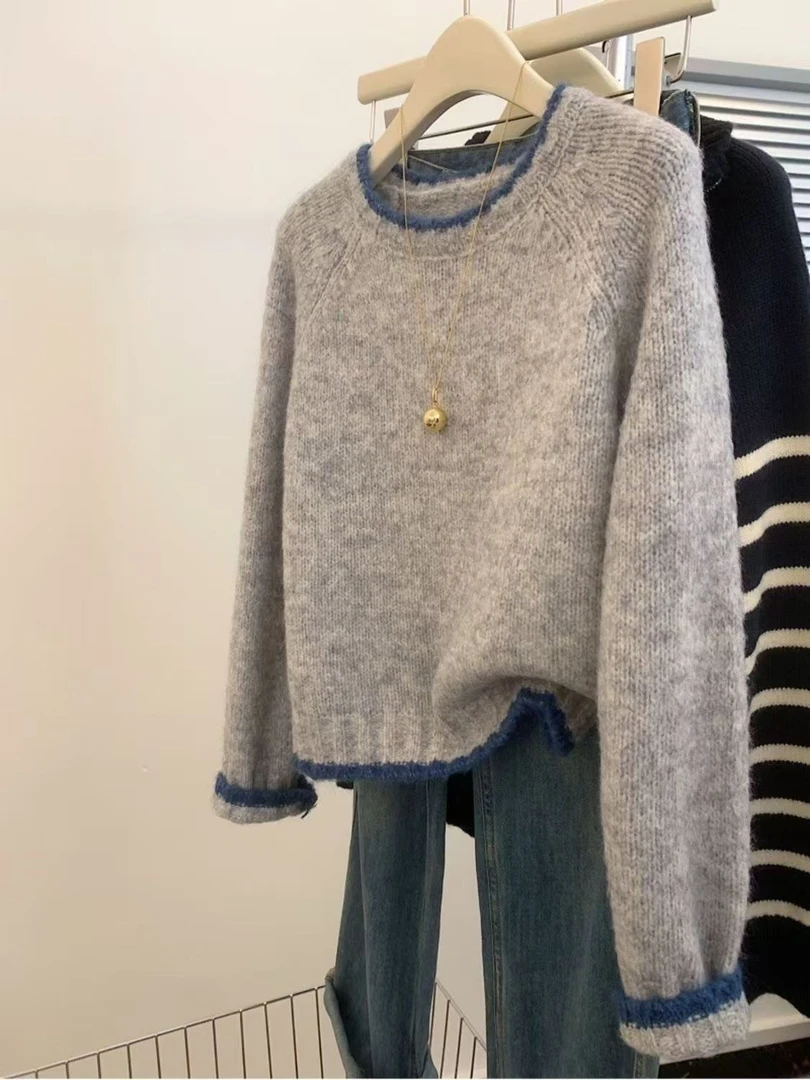 撞色复古灰色套头宽松软糯毛衣外穿慵懒风高级感女士秋冬加厚上衣
