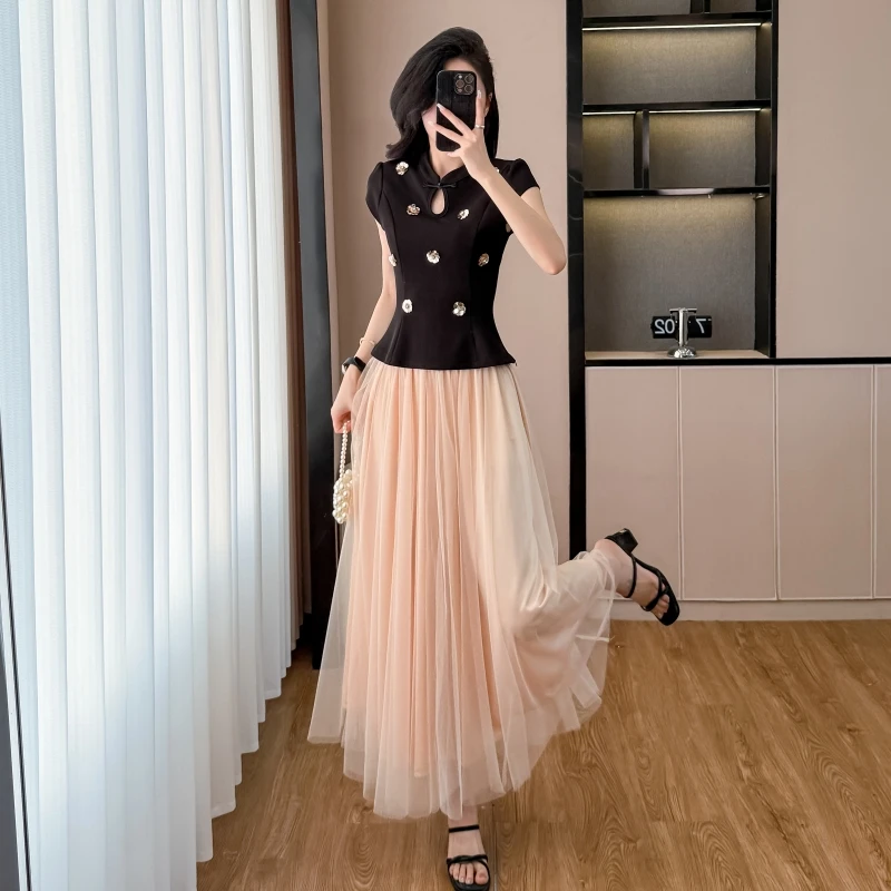 夏装搭配一整套小个子新中式国风上衣网纱半身裙收腰气质两件套