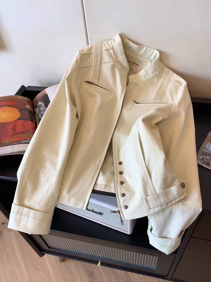 甜酷风撞色翻领拉链工装外套女秋季新款复古宽松百搭短款夹克上衣