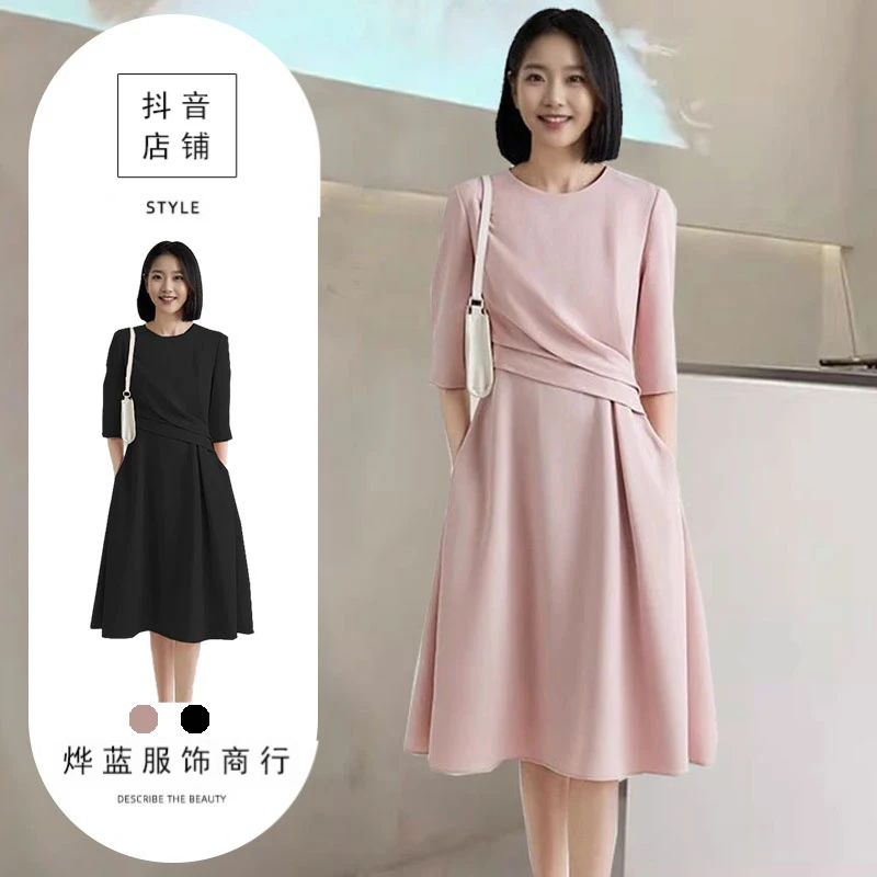 胖mm大码法式船领腰间捏褶网红连衣裙2025简约时尚中长款A