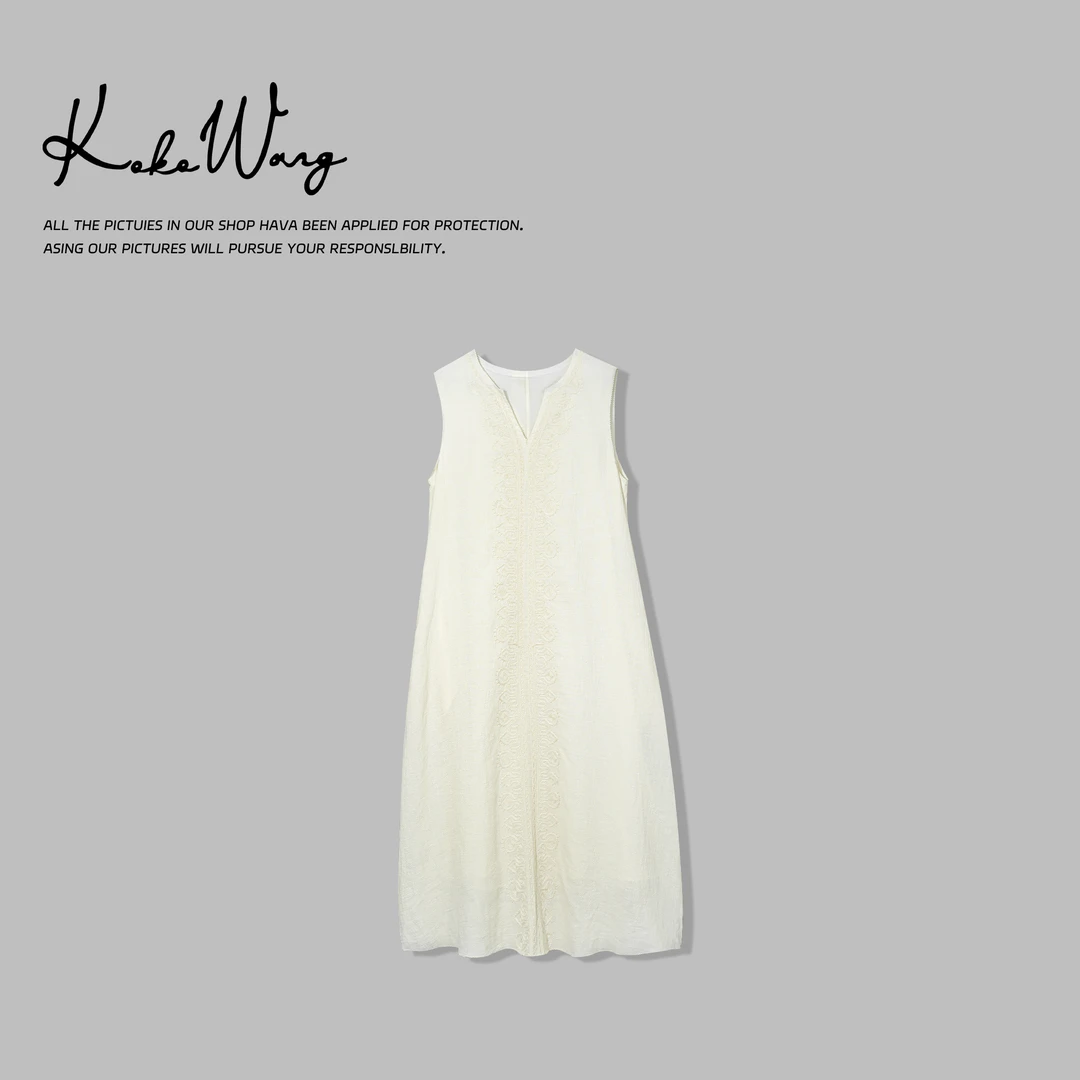 KOKO WANG夏季时尚气质真丝亚麻肌理感刺绣连衣裙525705D01Q41