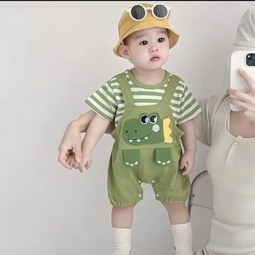 婴儿短袖背带裤套装夏季薄款爬服宝宝夏装两件套儿童衣服