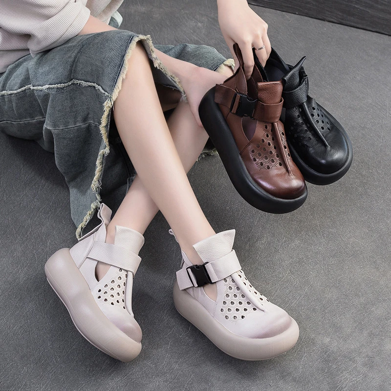 2025夏季新款复古风透气镂空高帮洞洞鞋头层牛皮英伦风马丁靴女鞋
